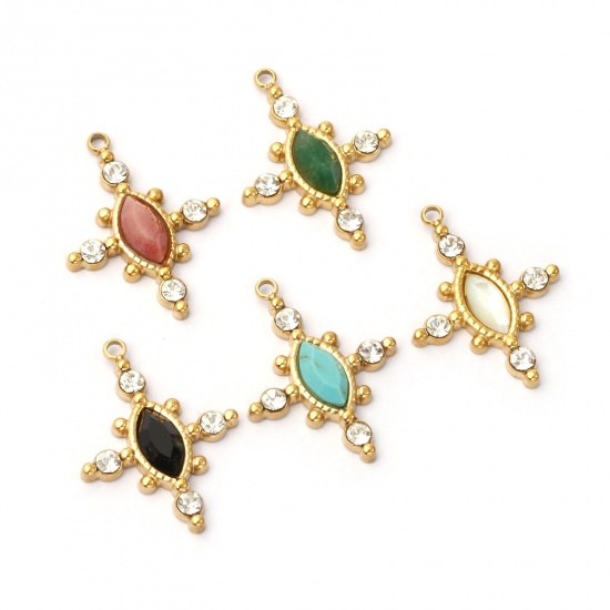 Immagine di 1 Piece Eco-friendly PVD Vacuum Plating 304 Stainless Steel & Gemstone Charms 18K Real Gold Plated Cross Clear Rhinestone 22mm x 17mm