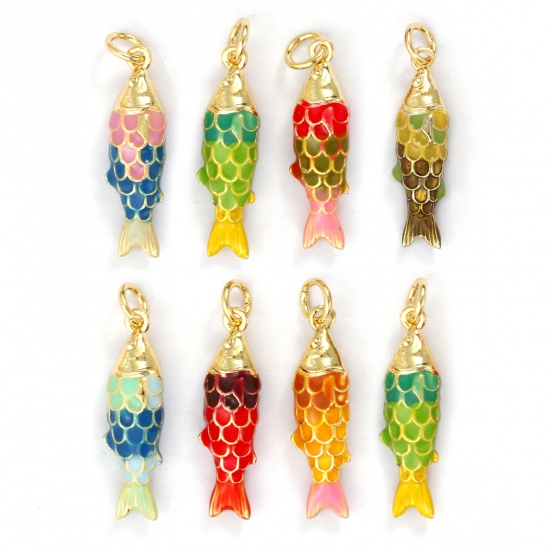 Imagen de 1 Piece Eco-friendly Brass Ocean Jewelry Charms 18K Real Gold Plated Multicolor Enamel Fish Animal 3D 26mm x 6.5mm