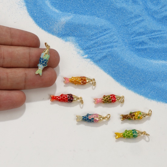 Imagen de 1 Piece Eco-friendly Brass Ocean Jewelry Charms 18K Real Gold Plated Multicolor Enamel Fish Animal 3D 26mm x 6.5mm