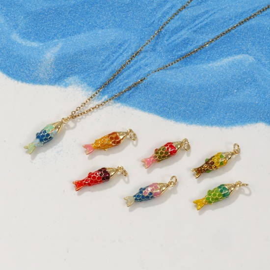 Imagen de 1 Piece Eco-friendly Brass Ocean Jewelry Charms 18K Real Gold Plated Multicolor Enamel Fish Animal 3D 26mm x 6.5mm