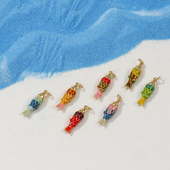 Imagen de 1 Piece Eco-friendly Brass Ocean Jewelry Charms 18K Real Gold Plated Multicolor Enamel Fish Animal 3D 26mm x 6.5mm