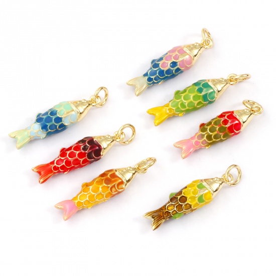 Imagen de 1 Piece Eco-friendly Brass Ocean Jewelry Charms 18K Real Gold Plated Multicolor Enamel Fish Animal 3D 26mm x 6.5mm
