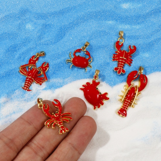 Imagen de 2 PCs Brass Ocean Jewelry Pendants 18K Gold Plated Red Enamel