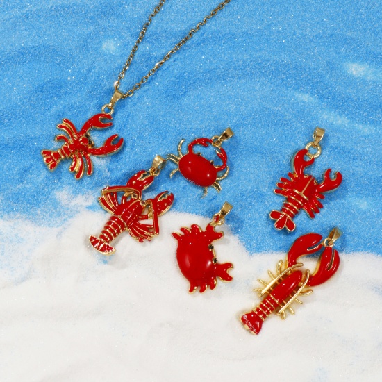Imagen de 2 PCs Brass Ocean Jewelry Pendants 18K Gold Plated Red Enamel