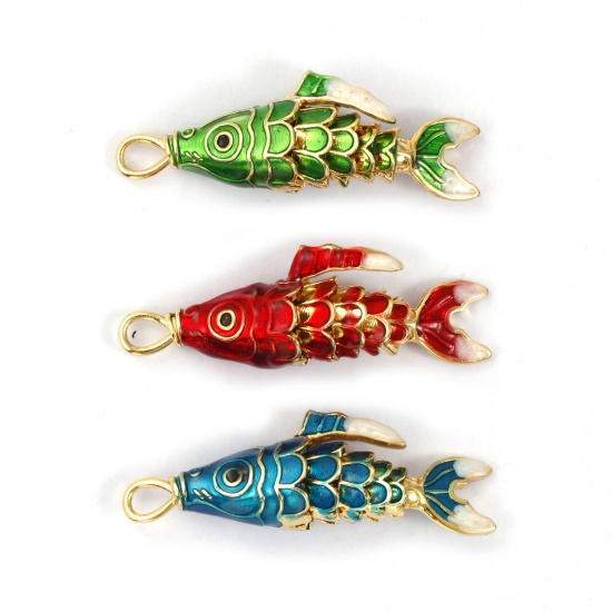 Immagine di 1 Pz Ottone Gioielli Oceanici Ciondoli Pendenti Placcato Oro 18K Smalto Pesce 3D Mobile 3.8cm x 1.3cm