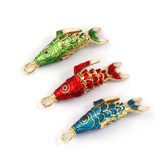 Immagine di 1 Pz Ottone Gioielli Oceanici Ciondoli Pendenti Placcato Oro 18K Smalto Pesce 3D Mobile 3.8cm x 1.3cm