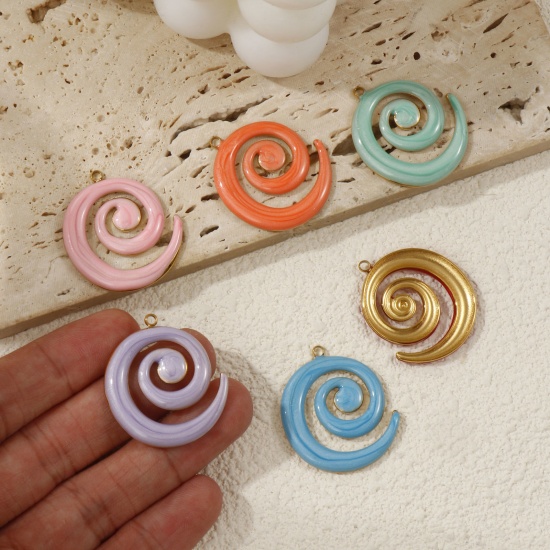 Immagine di 2 PCs Vacuum Plating 304 Stainless Steel Pendants 18K Gold Plated Enamel Spiral Pearlized 3cm x 2.7cm