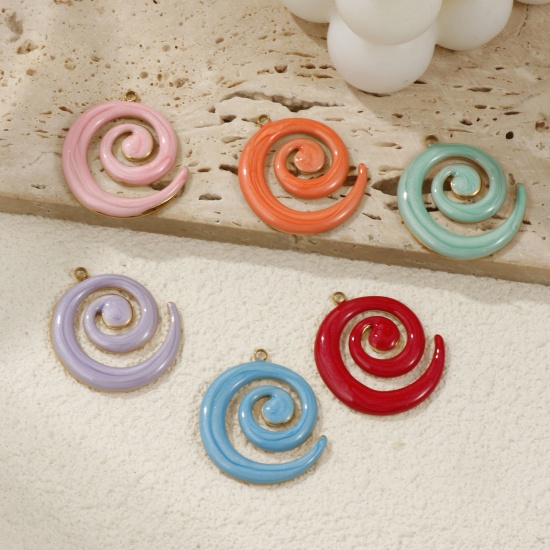Immagine di 2 PCs Vacuum Plating 304 Stainless Steel Pendants 18K Gold Plated Enamel Spiral Pearlized 3cm x 2.7cm