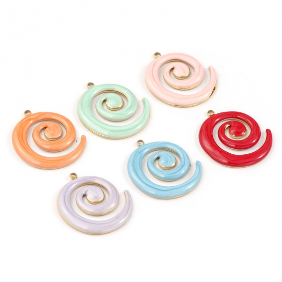 Immagine di 2 PCs Vacuum Plating 304 Stainless Steel Pendants 18K Gold Plated Enamel Spiral Pearlized 3cm x 2.7cm