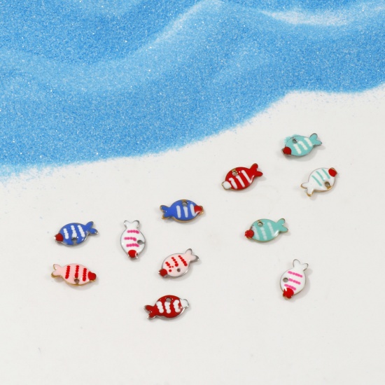 Picture of Eco-friendly 304 Stainless Steel Enamelled Sequins Charms Multicolor Fish Animal Double-sided Enamel 10mm x 6mm