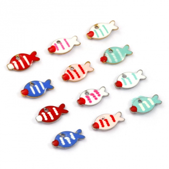 Picture of Eco-friendly 304 Stainless Steel Enamelled Sequins Charms Multicolor Fish Animal Double-sided Enamel 10mm x 6mm