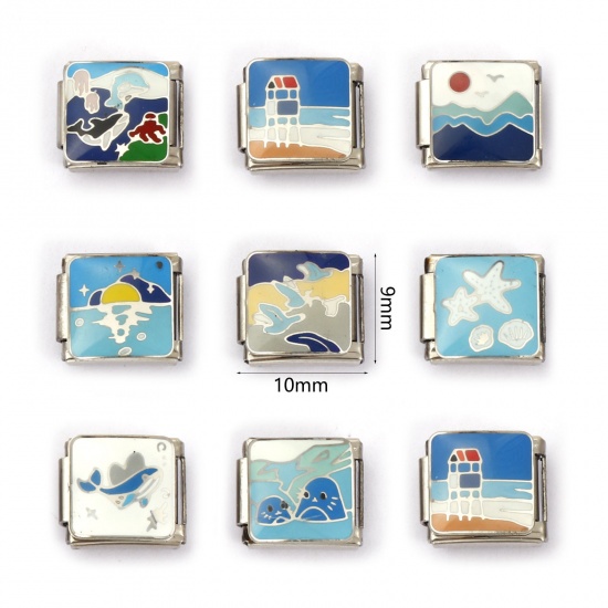 Immagine di 2 Pz 304 Acciaio Inossidabile Gioielli Oceanici Bracciale con Charm Italiano a Maglie, Creazione di Gioielli Fai-da-te Tono Argento Rettangolo Stella Marina 10mm x 9mm