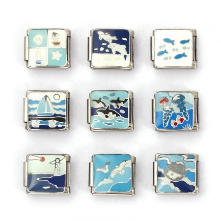 304 Stainless Steel Ocean Jewelry Italian Charm Links For DIY Bracelet Jewelry Making Silver Tone Rectangle Sailing Boat 10mm x 9mm