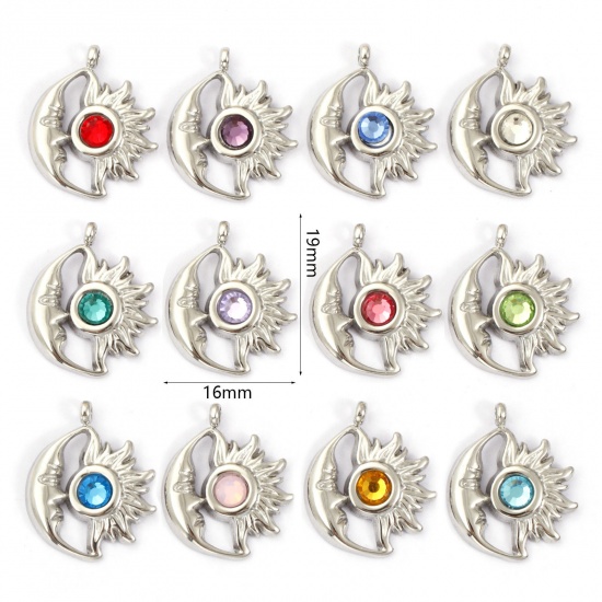 1 個 エコフレンドリー 304ステンレス鋼 誕生石 チャーム シルバートーン 太陽と月 19mm x 16mm、 の画像