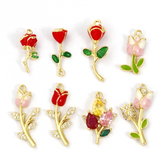 Picture of Brass & Cubic Zirconia Charms 18K Gold Plated Enamel Flower