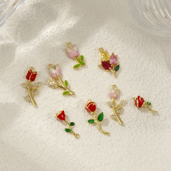 Picture of Brass & Cubic Zirconia Charms 18K Gold Plated Enamel Flower