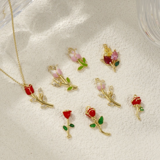 Picture of Brass & Cubic Zirconia Charms 18K Gold Plated Enamel Flower