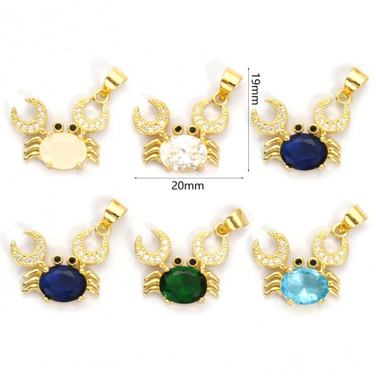 Bild von Umweltfreundlich Messing und Glas Ozean Schmuck Charm-Anhänger 18K Echtgold plattiert Krabbe Micro Pave Klar Kubischer Zirkon 20mm x 19mm