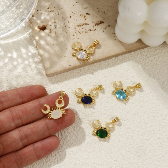 Bild von Umweltfreundlich Messing und Glas Ozean Schmuck Charm-Anhänger 18K Echtgold plattiert Krabbe Micro Pave Klar Kubischer Zirkon 20mm x 19mm