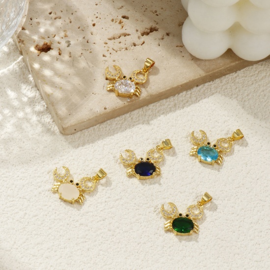 Bild von Umweltfreundlich Messing und Glas Ozean Schmuck Charm-Anhänger 18K Echtgold plattiert Krabbe Micro Pave Klar Kubischer Zirkon 20mm x 19mm