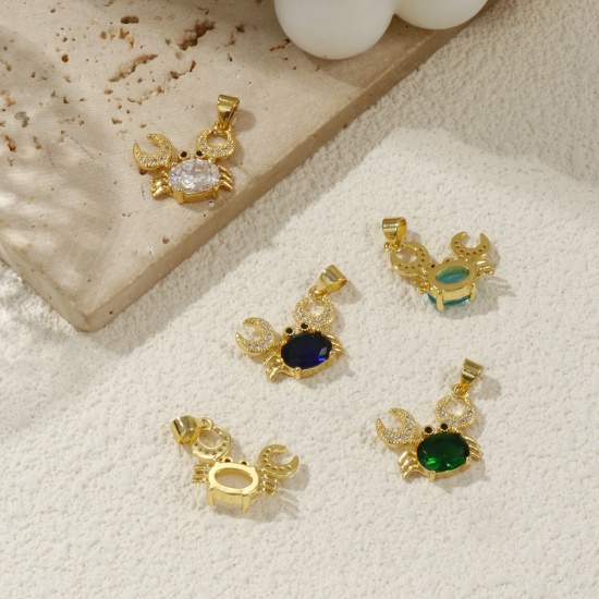 Bild von Umweltfreundlich Messing und Glas Ozean Schmuck Charm-Anhänger 18K Echtgold plattiert Krabbe Micro Pave Klar Kubischer Zirkon 20mm x 19mm