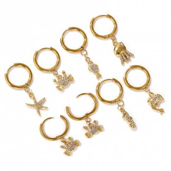 Imagen de 2 PCs Eco-friendly PVD Vacuum Plating Ocean Jewelry 18K Real Gold Plated 304 Stainless Steel & Cubic Zirconia Hoop Earrings For Women Gift Post/ Wire Size: 1mm(18 gauge)
