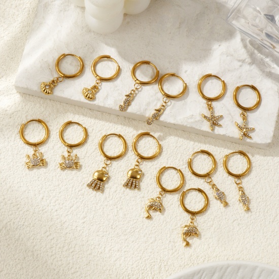 Imagen de 2 PCs Eco-friendly PVD Vacuum Plating Ocean Jewelry 18K Real Gold Plated 304 Stainless Steel & Cubic Zirconia Hoop Earrings For Women Gift Post/ Wire Size: 1mm(18 gauge)