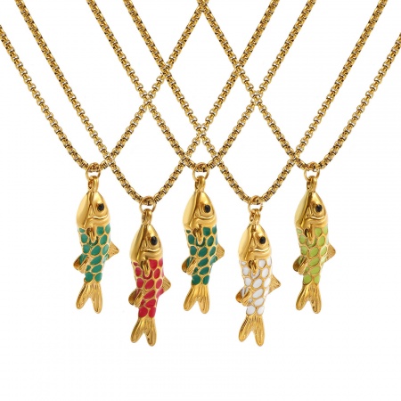 18K Real Gold Plated Box Chain Fish Animal Pendant Charm Necklace, 304 Stainless Steel 45cm(17.7") + 5cm(2"), For Women, Enamel 3D, Stylish Ocean Jewelry Gift, Eco-friendly PVD Vacuum Plating