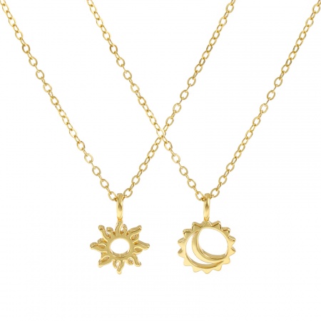 18K Real Gold Plated Link Cable Chain Sun & Moon Pendant Charm Necklace, Brass 46cm(18.1") + 6cm(2.4"), For Women, Exquisite Galaxy Eco-friendly
