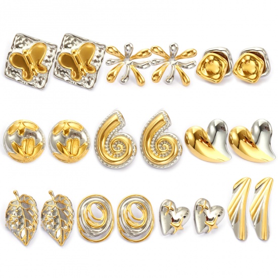 Bild von 1 Pair Eco-friendly PVD Vacuum Plating Dainty Exquisite 18K Real Gold Plated & Silver Tone 304 Stainless Steel Two Tone Ear Post Stud Earrings For Women Gift