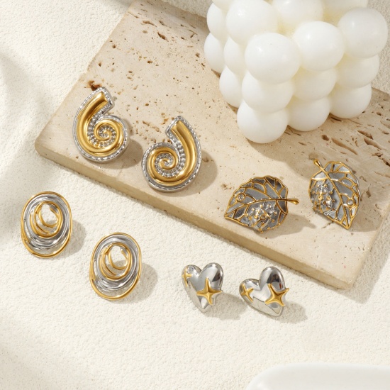 Bild von 1 Pair Eco-friendly PVD Vacuum Plating Dainty Exquisite 18K Real Gold Plated & Silver Tone 304 Stainless Steel Two Tone Ear Post Stud Earrings For Women Gift