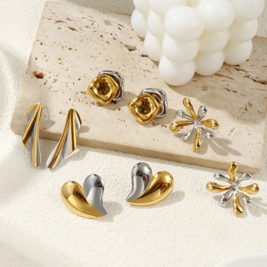 Bild von 1 Pair Eco-friendly PVD Vacuum Plating Dainty Exquisite 18K Real Gold Plated & Silver Tone 304 Stainless Steel Two Tone Ear Post Stud Earrings For Women Gift