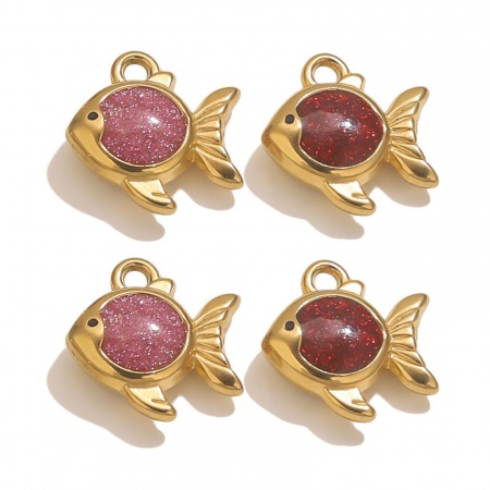 Vacuum Plating 304 Stainless Steel Ocean Jewelry Charms 18K Gold Plated Enamel Goldfish Glitter 15.5mm x 15mm