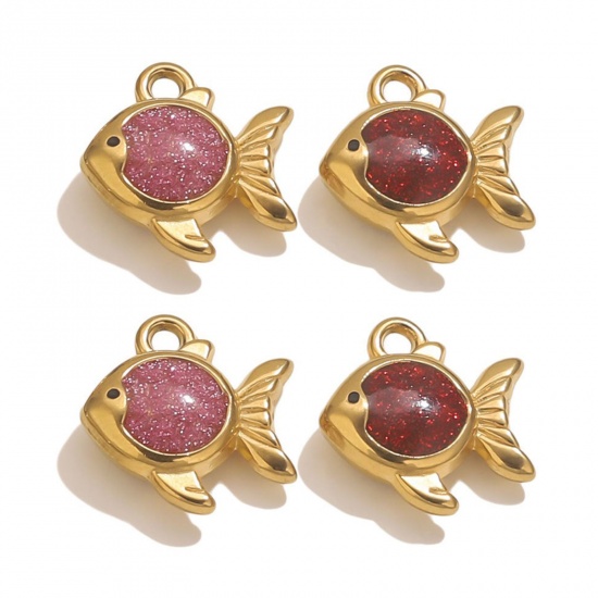 Immagine di Vacuum Plating 304 Stainless Steel Ocean Jewelry Charms 18K Gold Plated Enamel Goldfish Glitter 15.5mm x 15mm