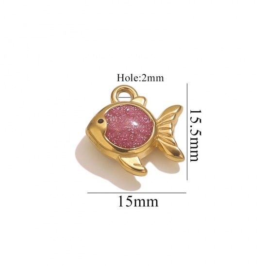 Immagine di Vacuum Plating 304 Stainless Steel Ocean Jewelry Charms 18K Gold Plated Enamel Goldfish Glitter 15.5mm x 15mm