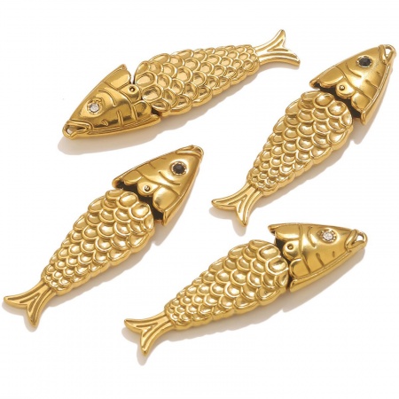 Vacuum Plating 304 Stainless Steel & Cubic Zirconia Ocean Jewelry Pendants 18K Gold Plated Fish Animal 3D Movable 5cm x 1.4cm