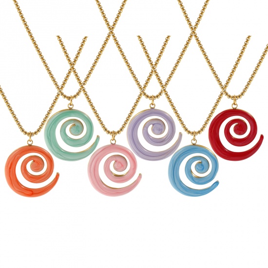 Immagine di 18K Vero Oro Placcato Catena a Casella Spirale Collana con Ciondolo, 304 Acciaio Inossidabile 45cm + 5cm, Per Donne, Smalto Madreperla, Elegante Squisito Regalo, Placcatura Sottovuoto PVD Ecologica, 1 Pz