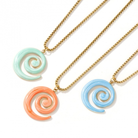 Immagine di 18K Vero Oro Placcato Catena a Casella Spirale Collana con Ciondolo, 304 Acciaio Inossidabile 45cm + 5cm, Per Donne, Smalto Madreperla, Elegante Squisito Regalo, Placcatura Sottovuoto PVD Ecologica, 1 Pz