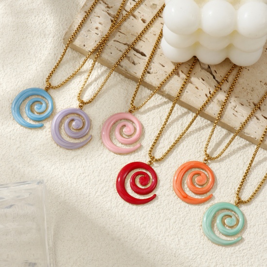 Immagine di 18K Vero Oro Placcato Catena a Casella Spirale Collana con Ciondolo, 304 Acciaio Inossidabile 45cm + 5cm, Per Donne, Smalto Madreperla, Elegante Squisito Regalo, Placcatura Sottovuoto PVD Ecologica, 1 Pz