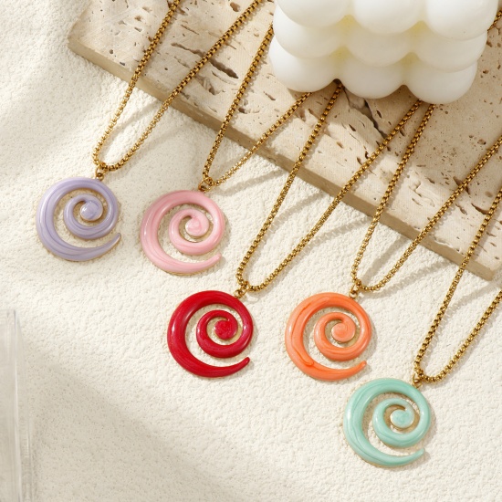 Immagine di 18K Vero Oro Placcato Catena a Casella Spirale Collana con Ciondolo, 304 Acciaio Inossidabile 45cm + 5cm, Per Donne, Smalto Madreperla, Elegante Squisito Regalo, Placcatura Sottovuoto PVD Ecologica, 1 Pz