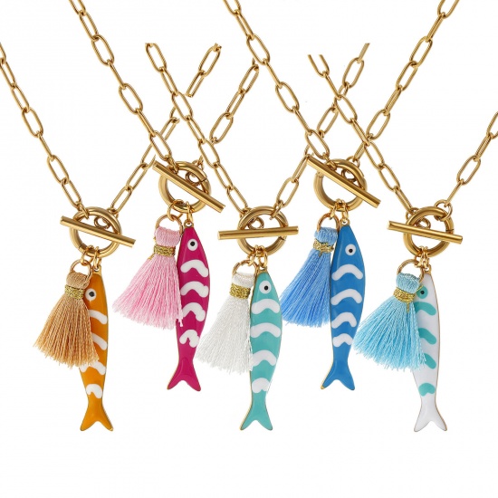 18K Real Gold Plated Paperclip Link Chain Fish Animal Pendant Charm Necklace, 304 Stainless Steel & Polyester 45cm(17.7"), For Women, Tassel Multicolor Double-sided Enamel, Ocean Jewelry Gift, Eco-friendly PVD Vacuum Plating, 1 Piece の画像