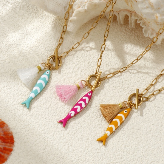 18K Real Gold Plated Paperclip Link Chain Fish Animal Pendant Charm Necklace, 304 Stainless Steel & Polyester 45cm(17.7"), For Women, Tassel Multicolor Double-sided Enamel, Ocean Jewelry Gift, Eco-friendly PVD Vacuum Plating, 1 Piece の画像
