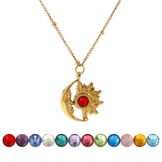 Bild von 18K Echtgold plattiert Panzerkette Kette Sonne & Mond Anhänger Halskette, 304 Edelstahl & Strass 45cm + 5cm, Für Frauen, Stilvoll Monatsstein Geschenk, Umweltfreundliche PVD-Vakuumbeschichtung