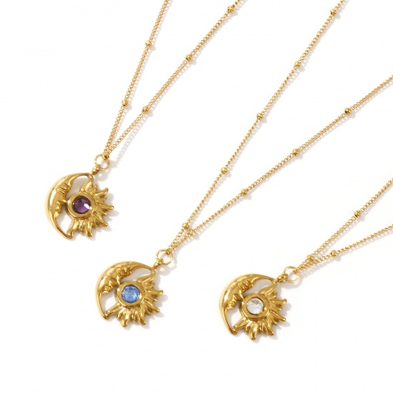 Bild von 18K Echtgold plattiert Panzerkette Kette Sonne & Mond Anhänger Halskette, 304 Edelstahl & Strass 45cm + 5cm, Für Frauen, Stilvoll Monatsstein Geschenk, Umweltfreundliche PVD-Vakuumbeschichtung