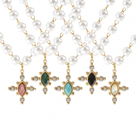 18K Real Gold Plated Beaded Chain Cross Pendant Charm Necklace, 304 Stainless Steel & Gemstone 45cm(17.7"), For Women, Clear Rhinestone Acrylic Imitation Pearl, Eco-friendly PVD Vacuum Plating