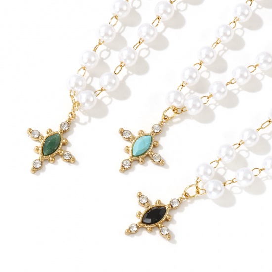 Immagine di 18K Vero Oro Placcato Catena di Perline Croce Collana con Ciondolo, 304 Acciaio Inossidabile & Gemma 45cm, Per Donne, Trasparente Strass Perla Imitato Acrilico, Placcatura Sottovuoto PVD Ecologica, 1 Pz