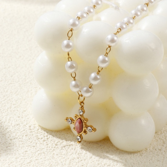 Immagine di 18K Vero Oro Placcato Catena di Perline Croce Collana con Ciondolo, 304 Acciaio Inossidabile & Gemma 45cm, Per Donne, Trasparente Strass Perla Imitato Acrilico, Placcatura Sottovuoto PVD Ecologica, 1 Pz