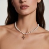 Изображение 18K настоящее золото с покрытием Цепочка из бисера Крест Ожерелье с подвеской, 304 Нержавеющая Сталь & Полудрагоценный Камень 45см, Для женщин, Прозрачный Стразы С Исскуственными Жемчугами, Экологичное вакуумное PVD-покрытие, 1 ШТ