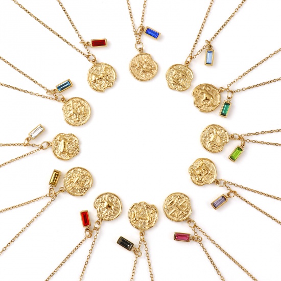 Image de Collier à Breloques Disque Plaqué Or Véritable 18K en 304 Acier Inoxydable Chaîne Maille Forçat 45cm + 5cm, Constellation Pierres de Naissance Revêtement sous Vide PVD Respectueux de l'Environnement, 1 Pièce