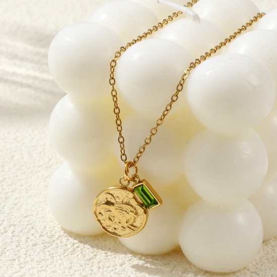 Image de Collier à Breloques Disque Plaqué Or Véritable 18K en 304 Acier Inoxydable Chaîne Maille Forçat 45cm + 5cm, Constellation Pierres de Naissance Revêtement sous Vide PVD Respectueux de l'Environnement, 1 Pièce